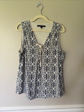 White House Black Market Navy and White Lace-Up V-Neck Tank